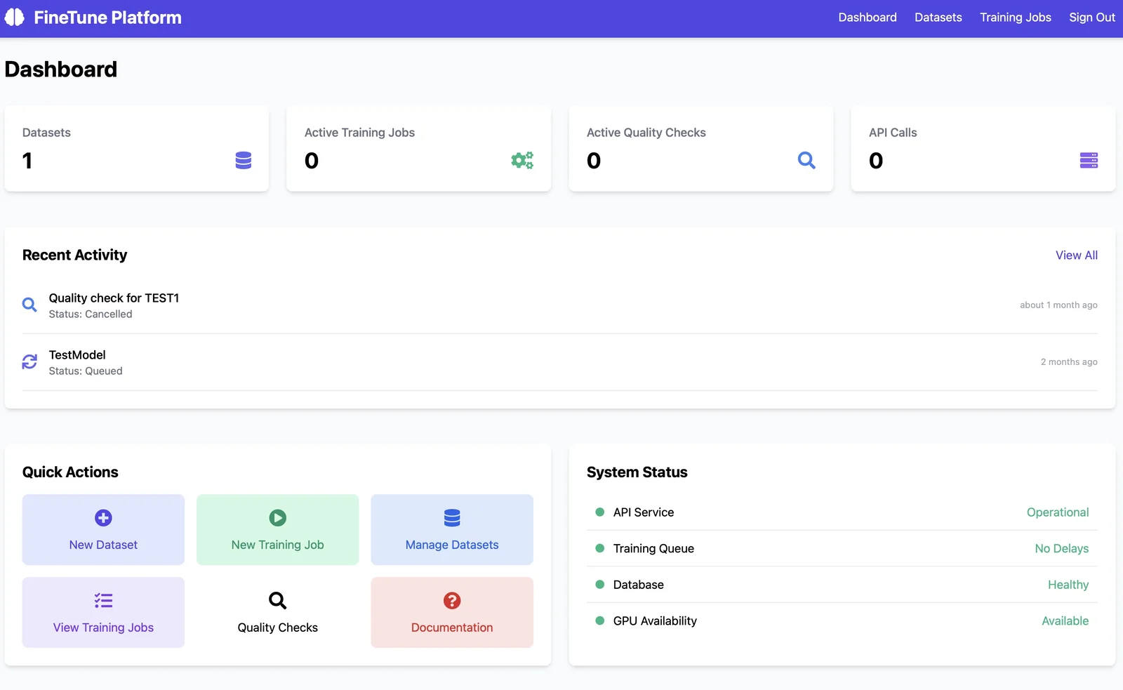 AI platform dashboard interface