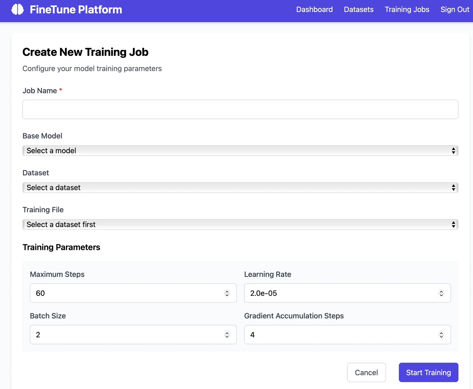 AI model training interface